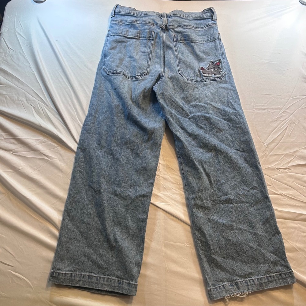 Hollister Super Baggy Light Wash Wolf Patch Denim Jeans Mens 32x30 Wide Leg